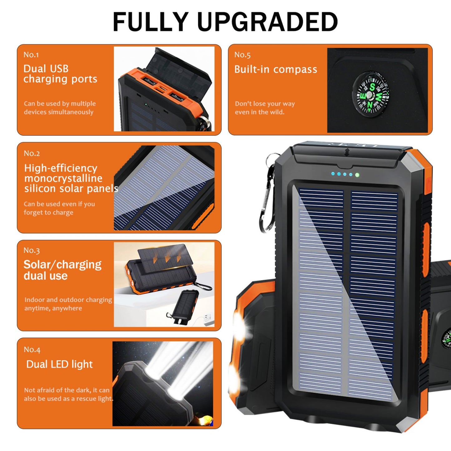 Solar Power Bank, Portable Charger with Dual Output LED Flashlight, Hand Crank Power Bank