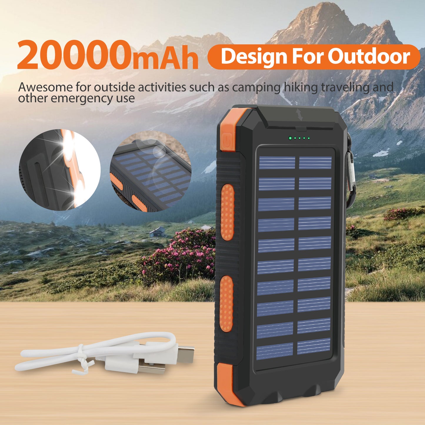 2PK Solar Power Bank, Portable Charger, 20000mAh Solar Charger with LED Flashlight, IP65 Waterproof External Backup Battery Pack Perfect for Camping, Outdoor Activities