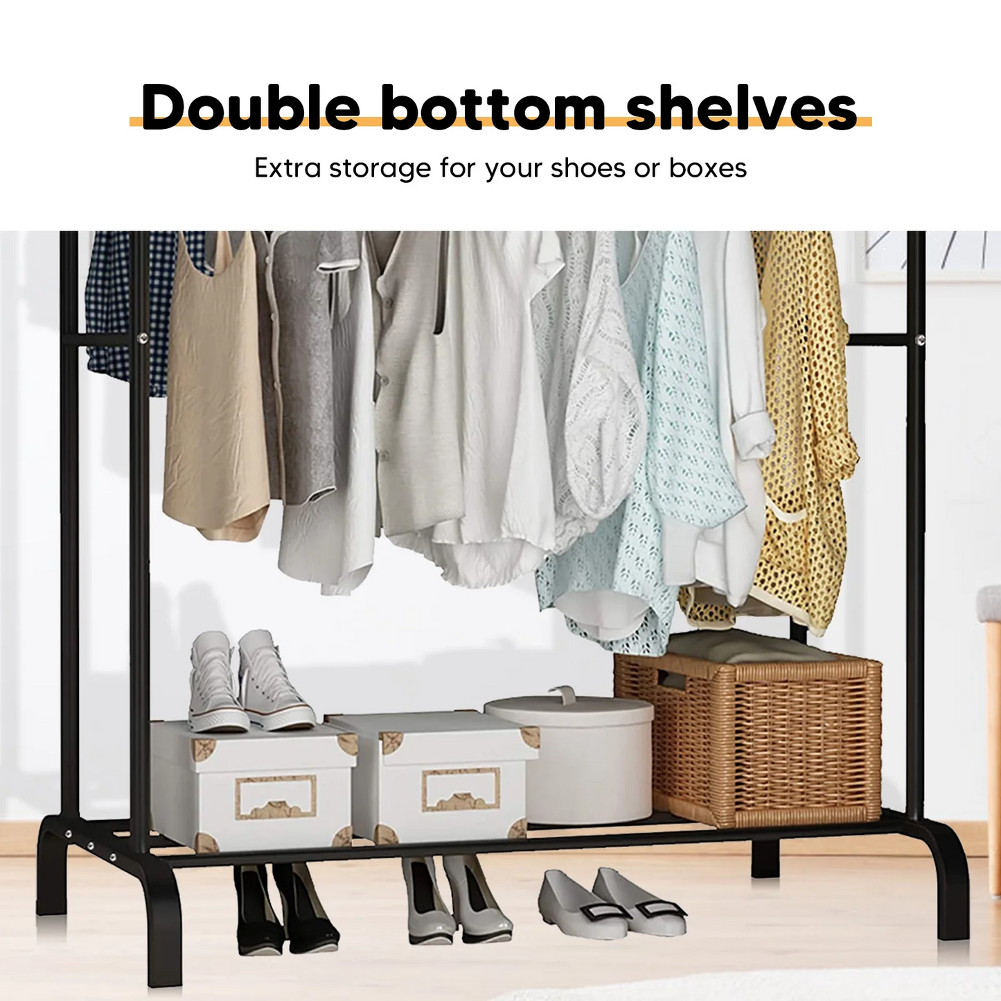 Homemart Clothes Rack without Wheels Double Garment Rack Rolling Rack for Indoor Bedroom Portable Closet 2-Pole Iron Clothes Hanger Rack Modern Garment Hanger Stand for Home