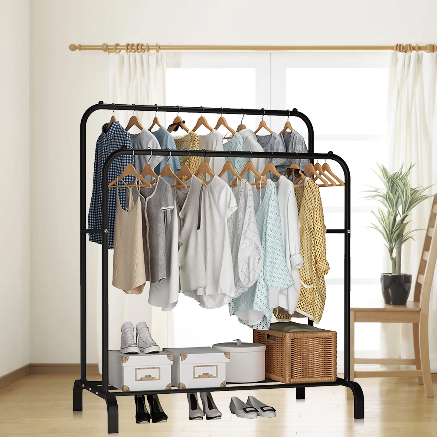 Homemart Clothes Rack without Wheels Double Garment Rack Rolling Rack for Indoor Bedroom Portable Closet 2-Pole Iron Clothes Hanger Rack Modern Garment Hanger Stand for Home
