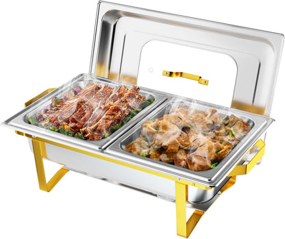 Rectangular Chafing Dish Buffet Set 1Pack, 9QT Buffet Warmer Sets and Stainless Steel Chafer for Hotel Catering, Parties, Weddings(Gold)