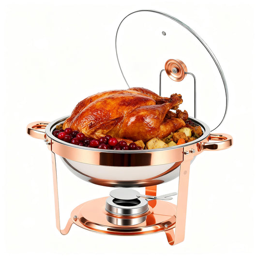 Chafing Dishes Buffet Set, 1 Pack 5.3QT Round Stainless Steel Chafer Set with Stands, Lids & Fuel Holders, Food Warmers for Parties, Catering Events, Weddings (Bright Pink Rose Gold Accents)