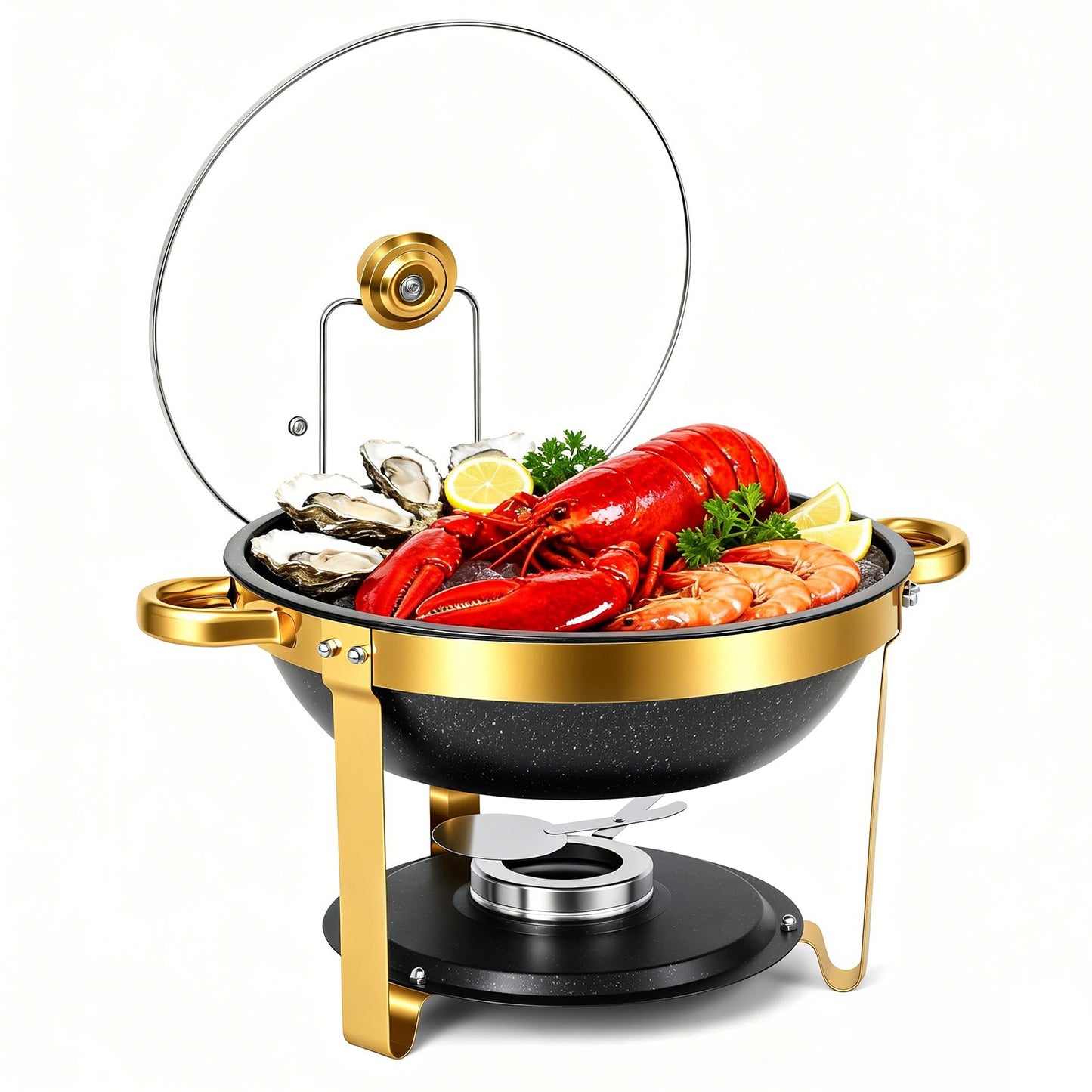 5.3QT Chafing Dishes for Buffet with Glass Lid , Maifanite-Coated Round Chafing Dish Set Mirror-Polished Stainless Steel, Complete Food Warmers for Catering Events & Home Parties(Black-1PK)