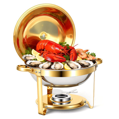 Round Half-Gold Plated Stainless Steel Chafing Dish with Stainless Steel Lid, Buffet Warmer Set, 1-Pack, for Home Gatherings, Christmas Parties, Catering Events