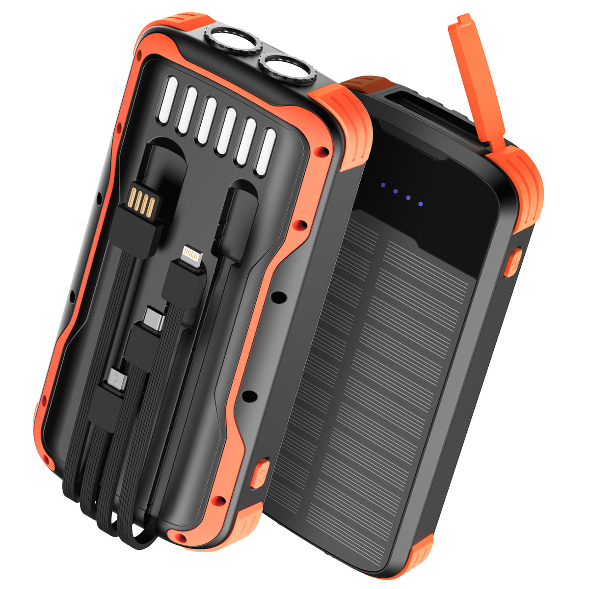 40000mAh Solar Power Bank Orange, Portable Charger 20W PD Fast Charging, Solar Charger Power Bank W/4 Built-in Cables & 9 Charging Ways, Waterproof Dual LED Flashlights for Camping Hiking