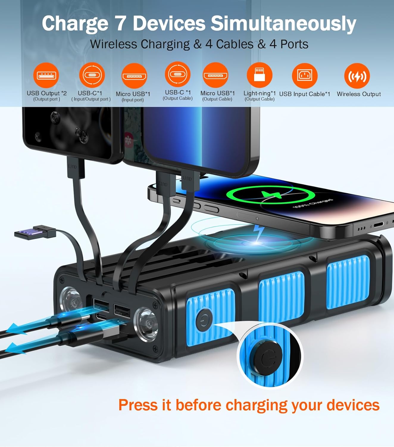 Power Bank Wireless Charger 68800mAh Built in Hand Crank and 4 Cables 15W Fast Charging Power Bank 7 Outputs & 4 Inputs Solar Portable Charger, SOS/Strobe/Strong Flashlights, Compass(Blue)
