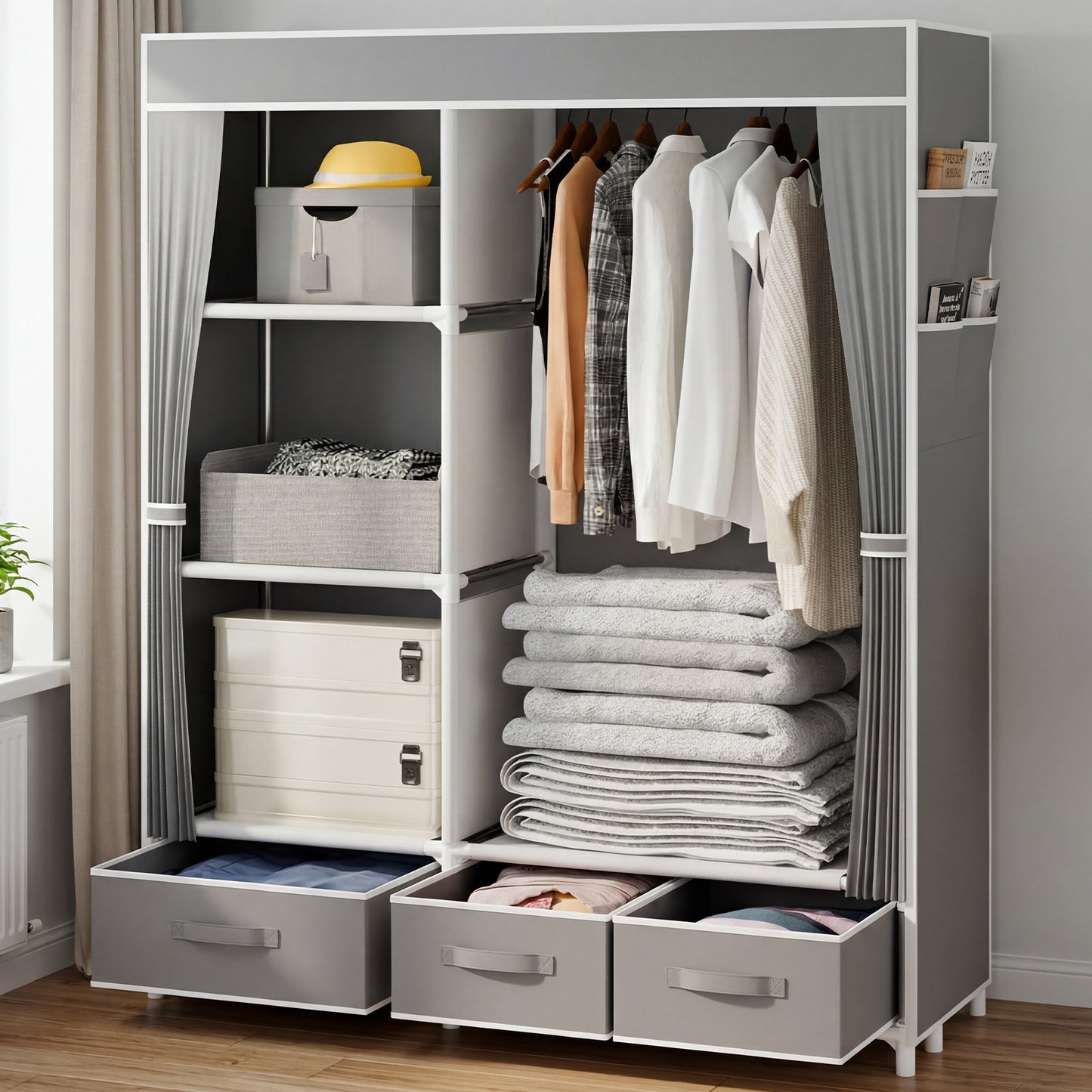 BAOKALER Wardrobe Closet Organizer with 3 Drawers and 4 Side Pockets, Non-Woven Fabric Clothes Storage for Bedroom, Living Room, Closet, Garage, Dorm, Light Gray