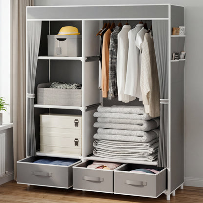 BAOKALER Wardrobe Closet Organizer with 3 Drawers and 4 Side Pockets, Non-Woven Fabric Clothes Storage for Bedroom, Living Room, Closet, Garage, Dorm, Light Gray
