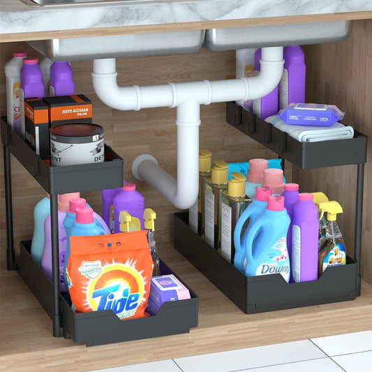 2-Tier Under Sink Organizers and Storage 2 Pack Sliding L-shape Under Bathroom Kitchen Cabinet Organizers Narrow Space Storage Multi-purpose for Bathroom Kitchen Drawer Black