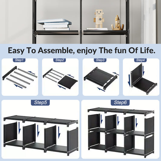 6-Tiers Portable Bookshelf with Fabric Cloth at Back, 10 Cube Closet Storage Organizer Bookcase, Living Room, Study Room, Bedroom, Black