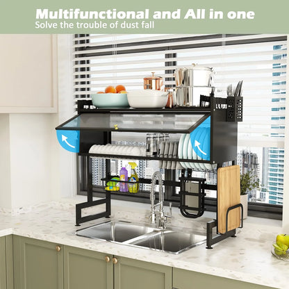 Over The Sink Dish Drying Rack, Adjustable 2 Tier Stainless Steel Large Dish Racks for Kitchen Storage Counter Organizer with Cabinet Doors with Utensil Holder, Black