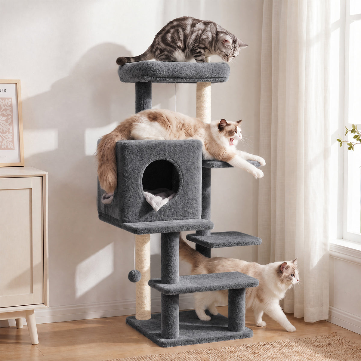 Sturdy 40-inch Cat Tree Tower with Cat Cave & Ramp Steps - Multi-Level Play & Sleep Center for Large Indoor Cats, Dark Gray