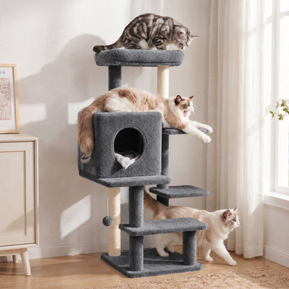 Sturdy 40-inch Cat Tree Tower with Cat Cave & Ramp Steps - Multi-Level Play & Sleep Center for Large Indoor Cats, Dark Gray