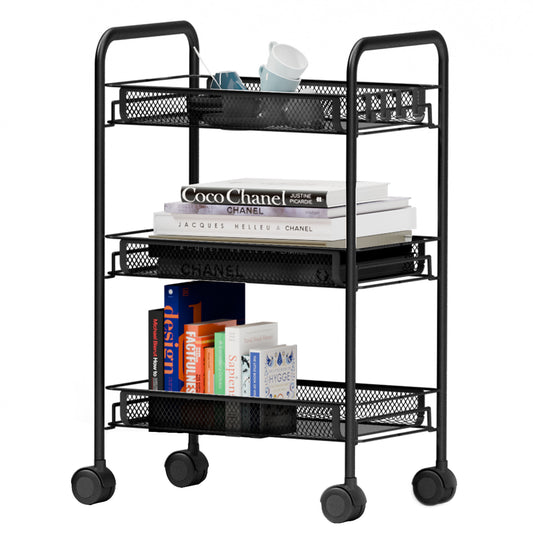 Mesh Rolling Cart with Lockable Wheels, 3 Tier Rustproof Metal Cart with Hooks, Kitchen Rolling Shelf, Mesh Storage Basket for Living Room, Bathroom, Kitchen, Office, Black