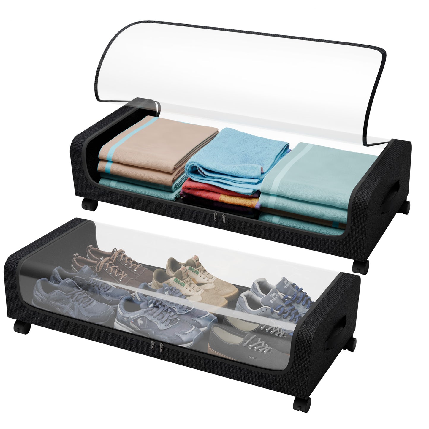 4PK Under Bed Storage Containers, Under Bed Shoe Storage With Wheels, Bedroom Storage Organization with Handles, Under Bed Storage Bins Drawer For Clothes, Blankets And Shoes, Bedding,Black