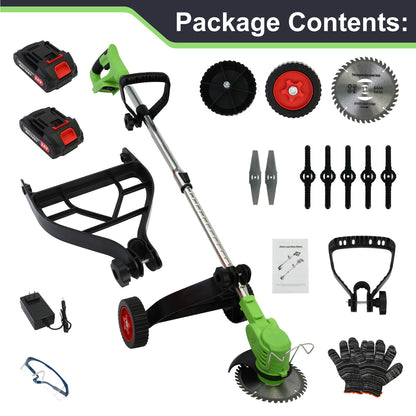 BAOKALER Electric Weed Eaters Cordless, Battery Powered Weed Wacker with Charger, Grass Trimmer with Supporting Wheels, Grass Cutting Machine with 2 Batteries for Yard and Garden, Green