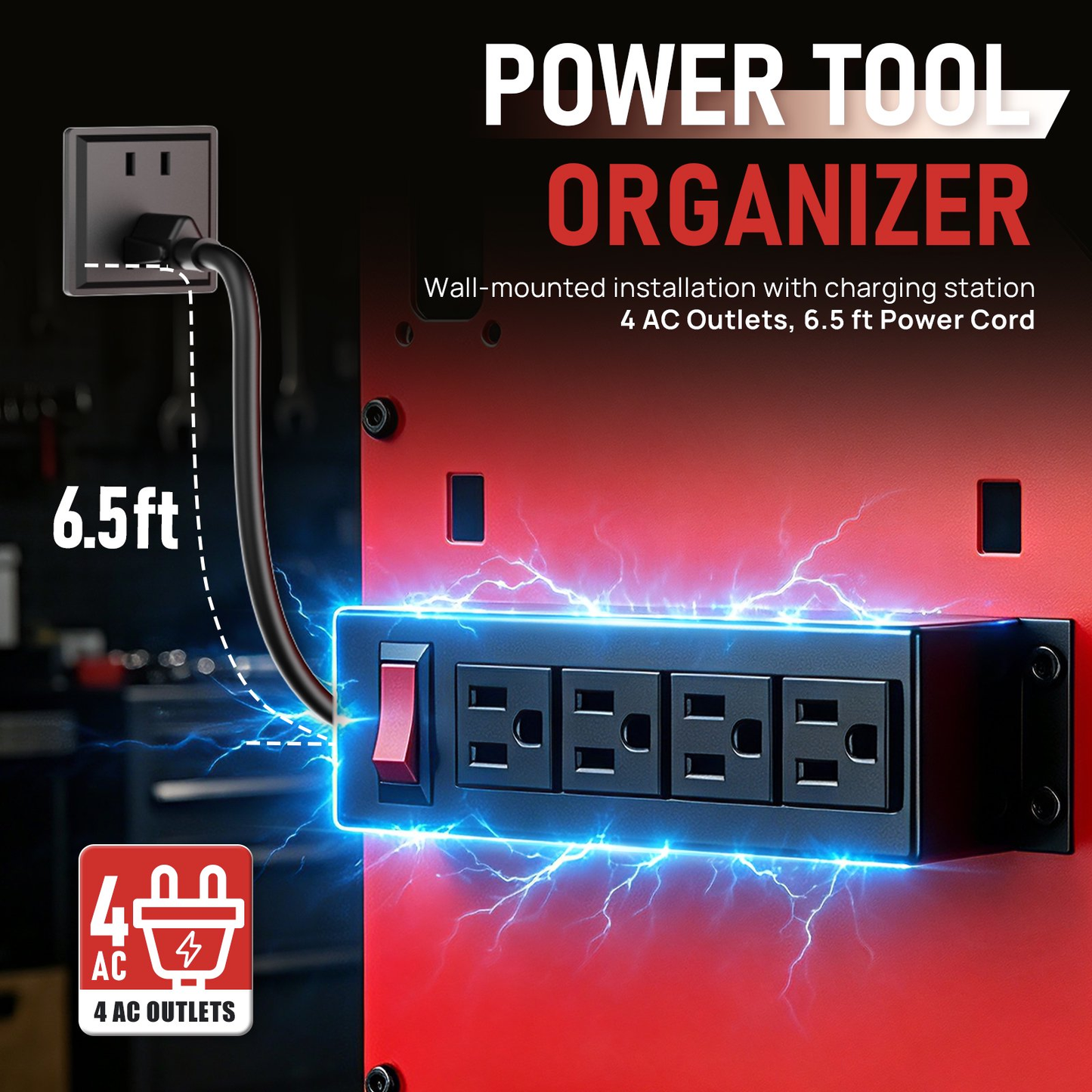 Power Tool Organizer Wall Mount with 4 Charging Station, 3 Layer Heavy Duty Metal Power Tool Storage Rack Loads 200lbs with 4 Cordless Drill Holder for Garage(Red)
