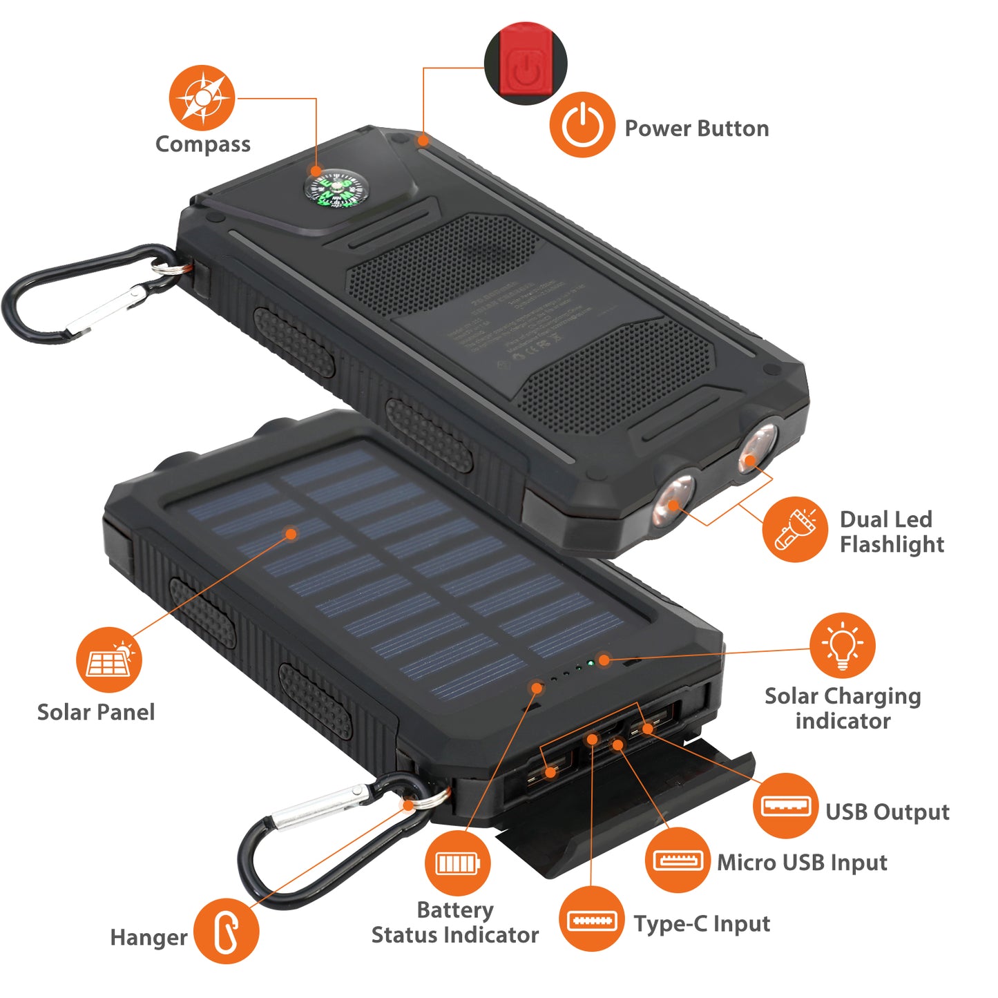 CATGOOD Solar Charger for Cell Phone 20000mAh, Portable Solar Power Bank with Dual 5V USB Ports, 2 Led Light Flashlight, Compass (Black)