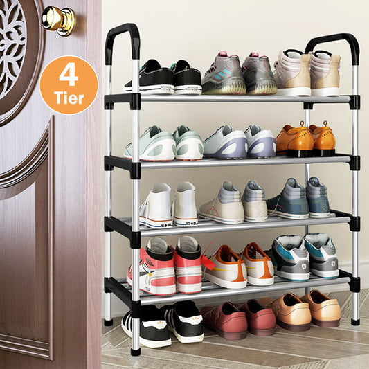 4-Tier Shoe Rack Organizer, Metal Shoe Storage Stand for Entryway, Hallways, Bedrooms, Bathrooms, Offices, and Living Rooms, Silver and Black