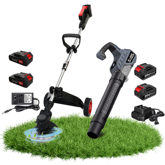 BAOKALER Weed Eaters and Leaf Blower Combo Kit, Cordless Electric Weed Trimmer with Wheels & 2*2000mAh Batteries, 21V Brushless Cordless Electric Leaf Blower