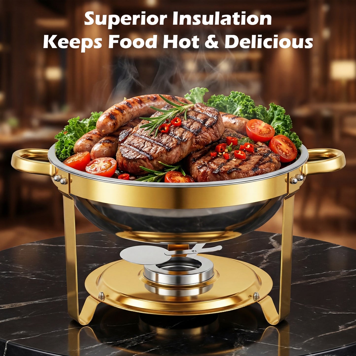 Round Half-Gold Plated Stainless Steel Chafing Dish with Stainless Steel Lid, Buffet Warmer Set, 1-Pack, for Home Gatherings, Christmas Parties, Catering Events