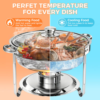 Chafing Dish Buffet Set, 5 Qt 4 Pack, Stainless Steel Chafer with 4 Full Size Pan, Round Catering Warmer Server with Glass Lid Water Pan Folding Stand Fuel Holder, for Wedding Party Banquet