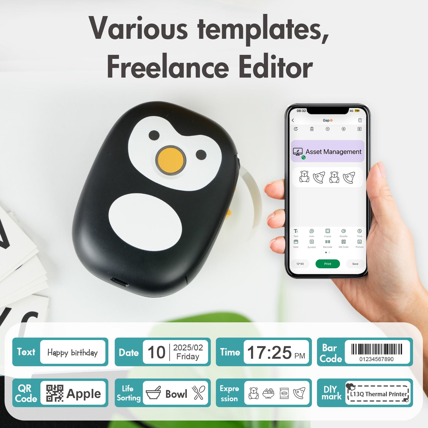 BAOKALER Label Maker, Label Printer with Tape Portable Bluetooth Mini Printer, Inkless Thermal Labeler for Home Office School