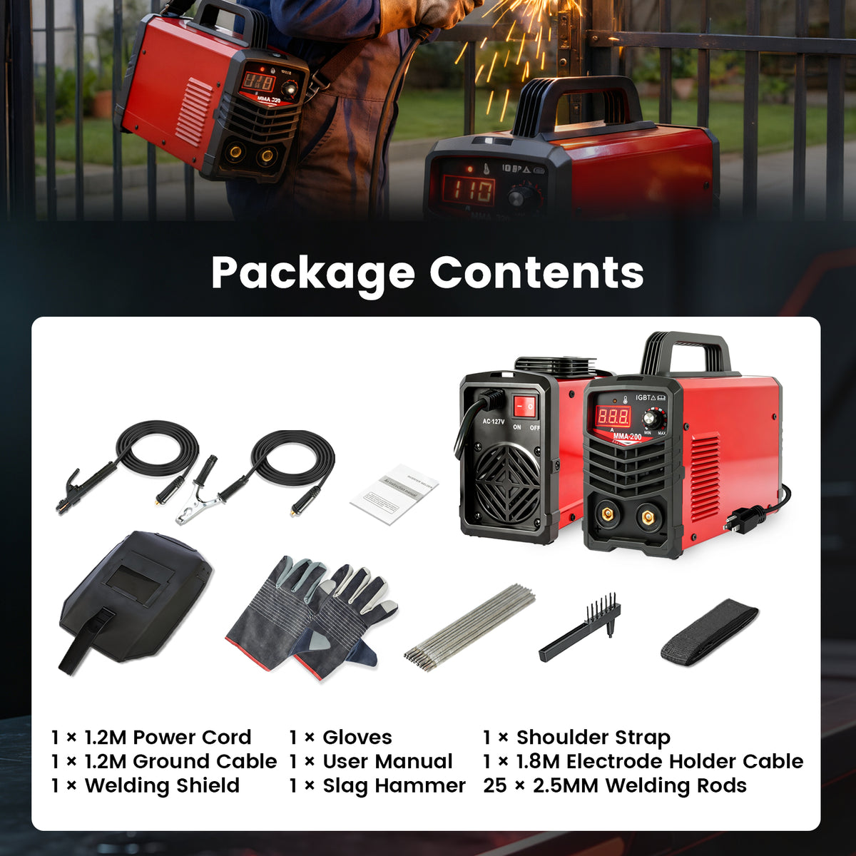 BAOKALER Stick Welder Kit 200A Digital Display 110V Mini ARC MMA IGBT Inverter Welder, Hot Start Anti-Stick Arc Force, Portable with Dual USB, 20 Rods