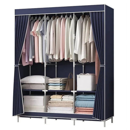 Portable Closet Organizer with Cover, Non-woven Fabric Clothing Rack Shelf, Dustproof Wardrobe Closet Storage, Navy Blue