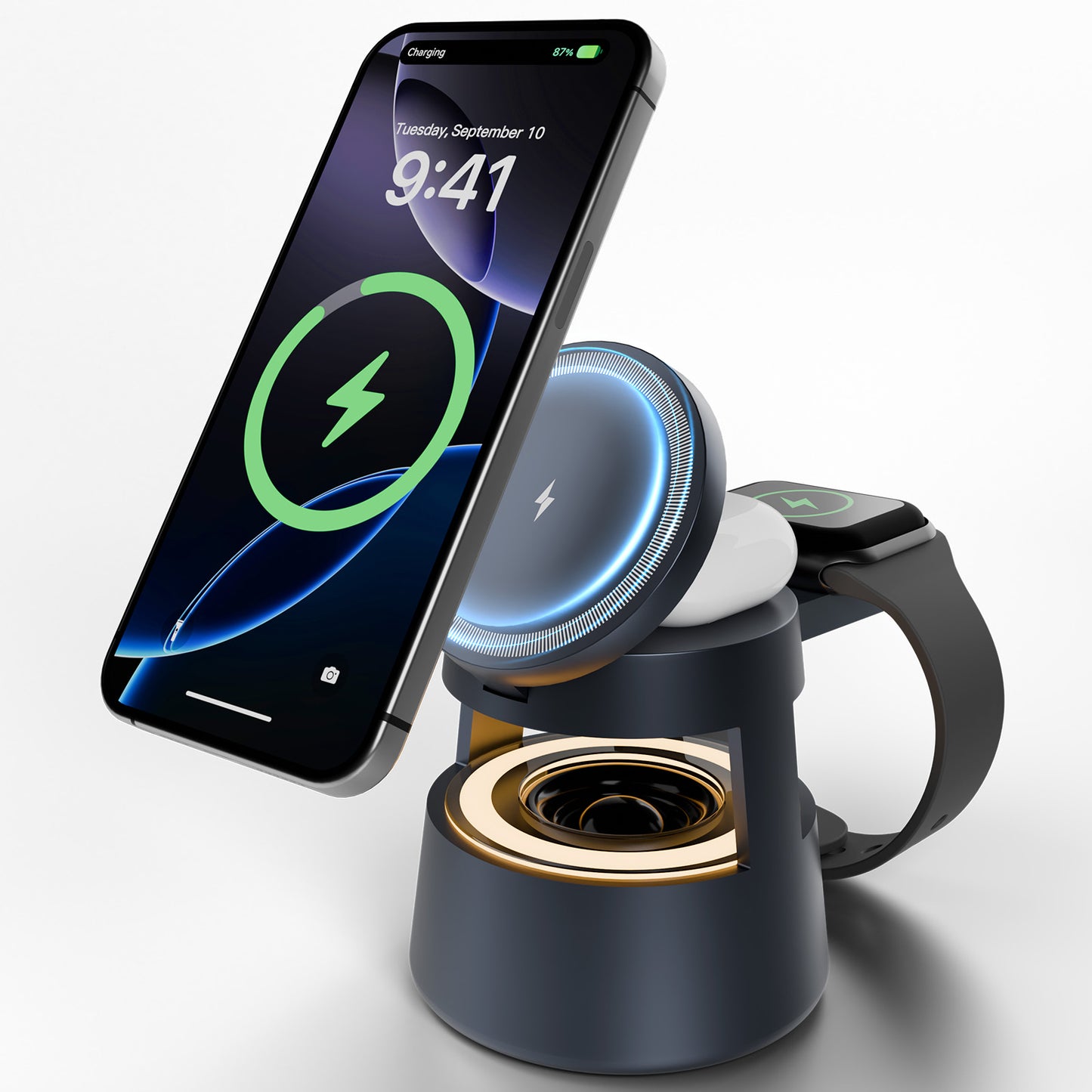 5 in 1 wireless charger For iPhone AirPods iWatch, Charging Station with Mushroom Light for MagSafe Magnetic Charger, 22.5 W Travel Stand,Fast for Multiple Devices