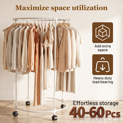 Clothes Rack, Rolling Round Garment Rack with 4 Universal Wheels and Shelf, Floor-Standing Clothes Hanging Rack for Bedroom, White