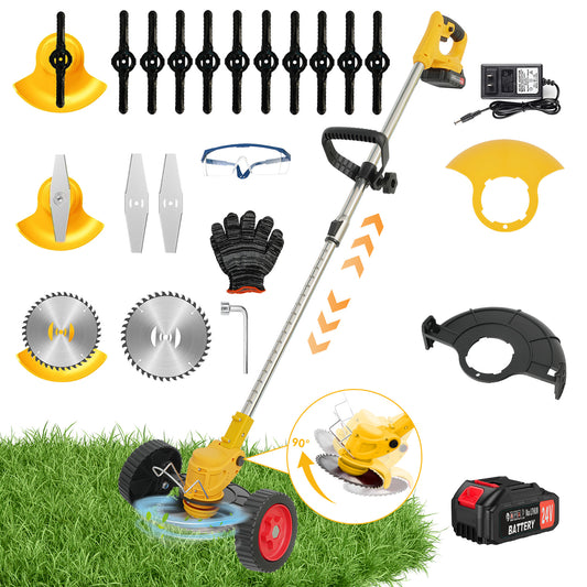 String Trimmer Cordless with Wheels, 24V 2000mAh Battery, 11000RPM, 650W, 3 in 1 Stringless Lightweight Brush Cutter/Edger/Mower, Adjustable Cutting Angle & Height for Yard, Garden, Yellow