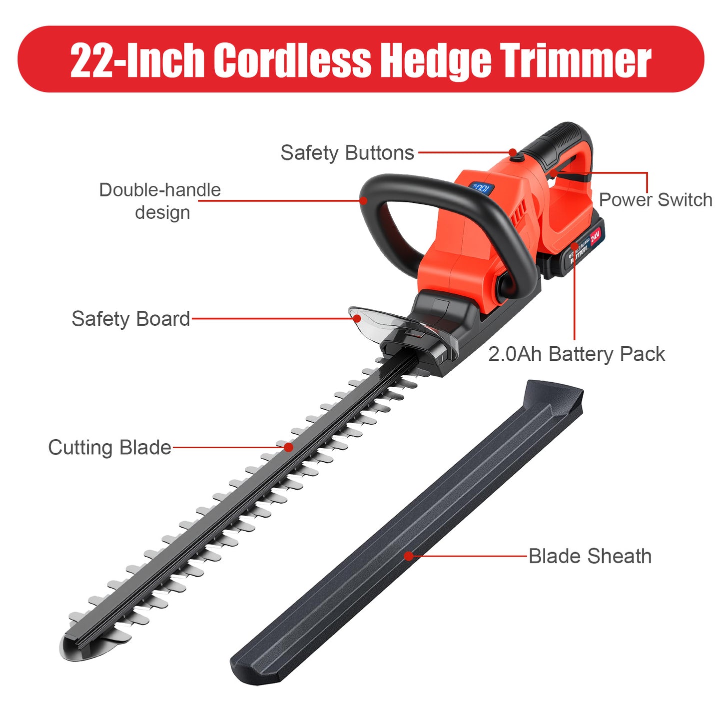 22" Cordless Hedge Trimmer with 180～ Rotatable Head, 21V Electric Bush Trimmer with 2 x 2000mAh Batteries, 1000W 24000r/min Motor, 69Mn Steel Blade for Garden Yard, Red