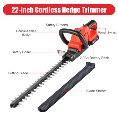 22" Cordless Hedge Trimmer with 180～ Rotatable Head, 21V Electric Bush Trimmer with 2 x 2000mAh Batteries, 1000W 24000r/min Motor, 69Mn Steel Blade for Garden Yard, Red