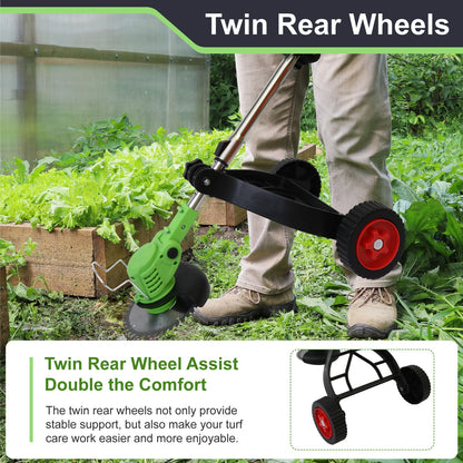 BAOKALER Electric Weed Eaters Cordless, Battery Powered Weed Wacker with Charger, Grass Trimmer with Supporting Wheels, Grass Cutting Machine with 2 Batteries for Yard and Garden, Green