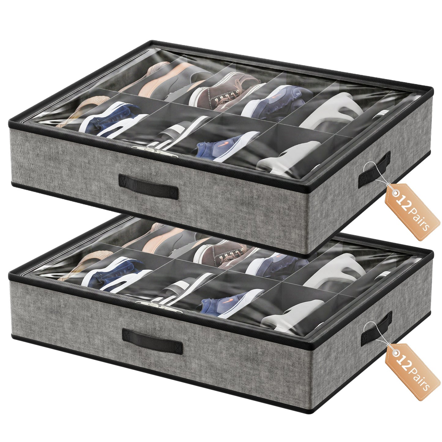 Under Bed Shoe Storage Organizer, 2 Pack Foldable Underbed Shoes Containers with Handle,Shoe Rack Organizer Total Fits 24 Pairs of Shoes, Gray