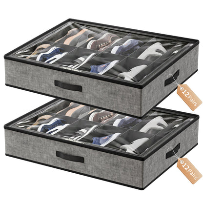 Under Bed Shoe Storage Organizer, 2 Pack Foldable Underbed Shoes Containers with Handle,Shoe Rack Organizer Total Fits 24 Pairs of Shoes, Gray