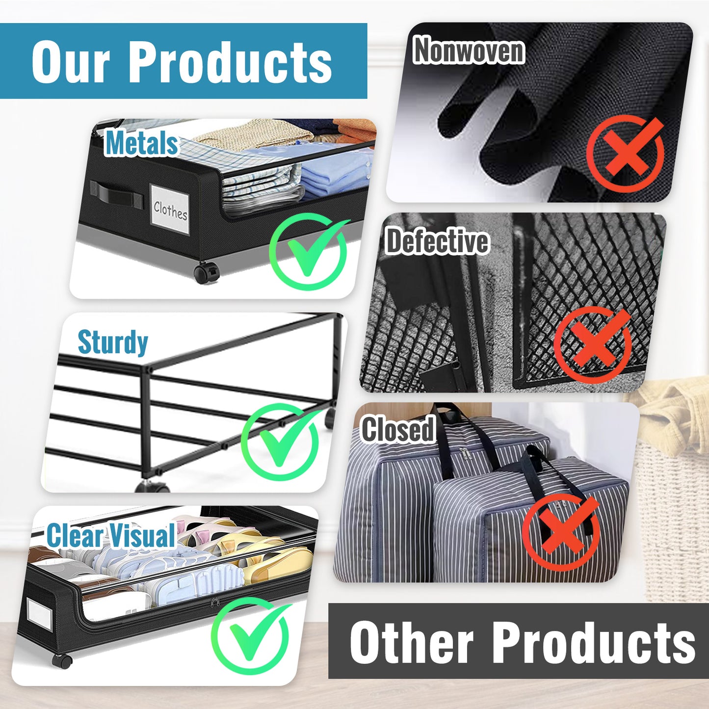 Under Bed Storage with Wheels, 4-Pack Under the Bed Storage Containers with Clear Lids & Label, Underbed Storage Bins, Rolling Metal Drawer for Clothes, Shoes, Toys, Books - Black
