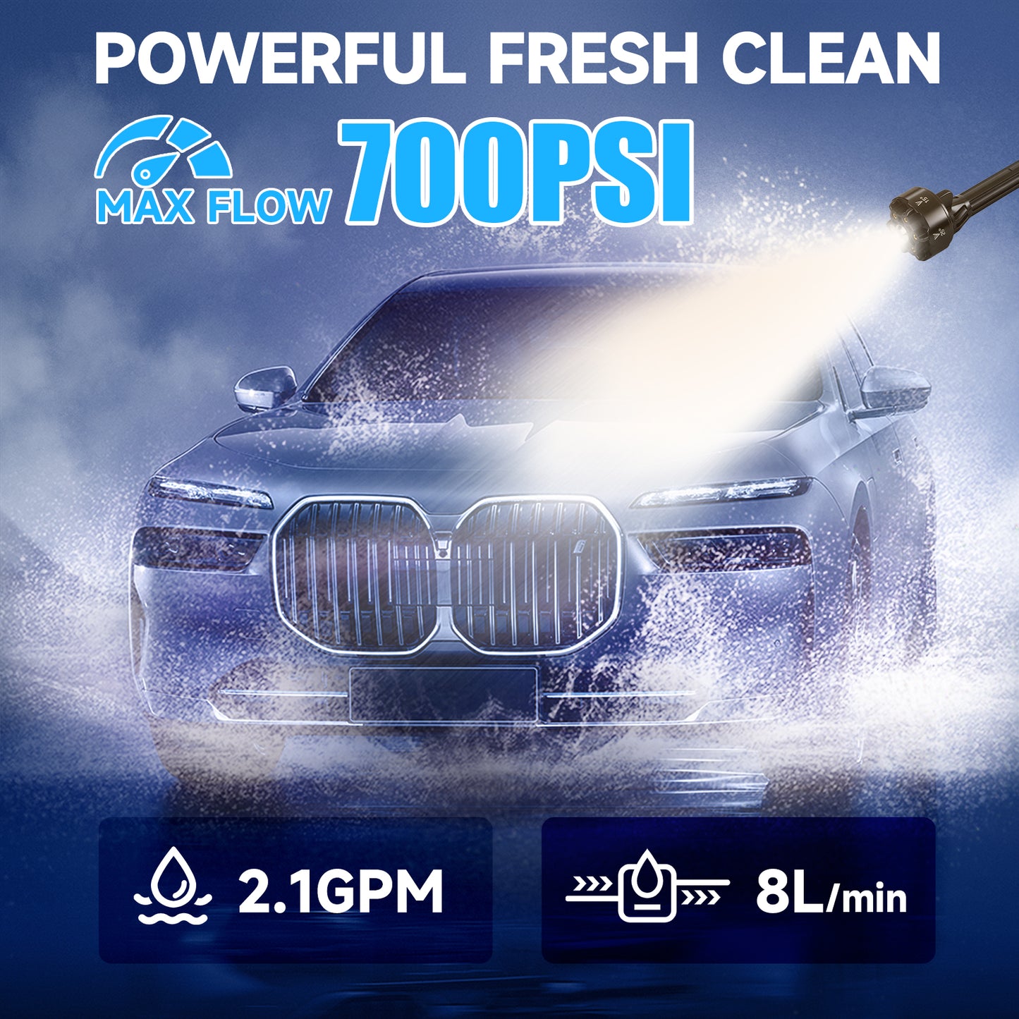 Cordless Pressure Washer, 700PSI Portable Power Washer with LED Display, 2.1GPMPower Cleaner with 6-in-1 Adjustable Nozzle, 16.4ft Hose for Cars/Patios, White