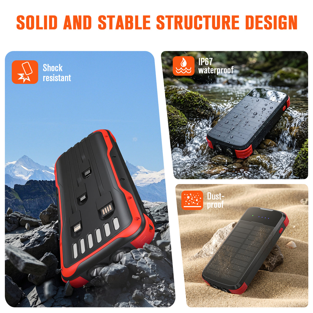 40000mAh Solar Power Bank Red, Portable Charger 20W PD Fast Charging, Solar Charger Power Bank W/4 Built-in Cables & 9 Charging Ways, Waterproof Dual LED Flashlights for Camping Hiking