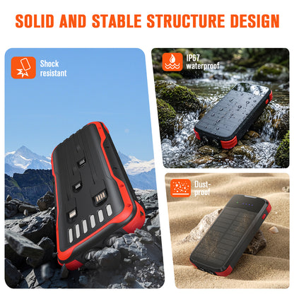 40000mAh Solar Power Bank Red, Portable Charger 20W PD Fast Charging, Solar Charger Power Bank W/4 Built-in Cables & 9 Charging Ways, Waterproof Dual LED Flashlights for Camping Hiking