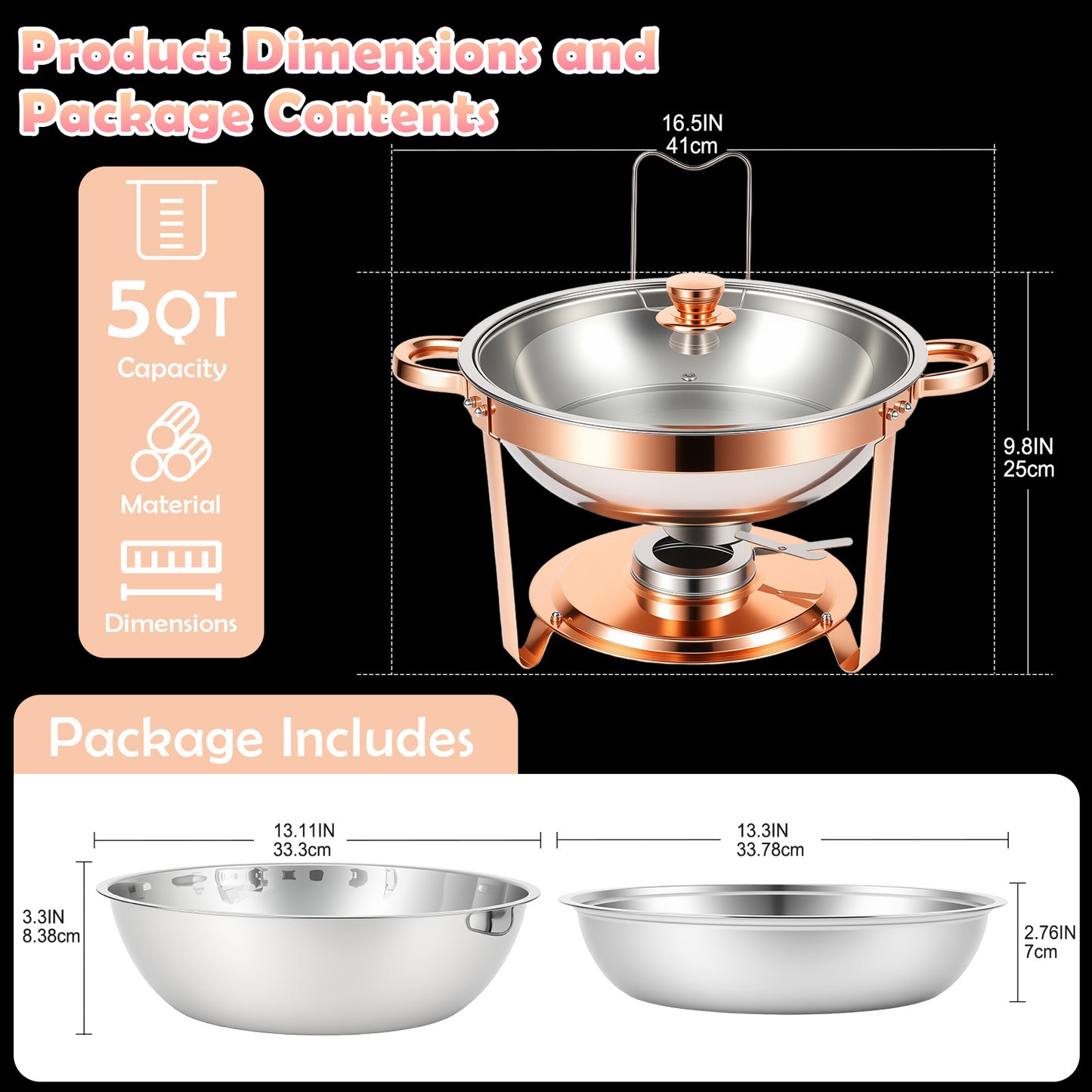 Chafing Dishes Buffet Set, 2 Pack 5.3QT Round Stainless Steel Chafer Set with Stands, Lids & Fuel Holders, Food Warmers for Parties, Catering Events, Weddings (Bright Pink Rose Gold Accents)