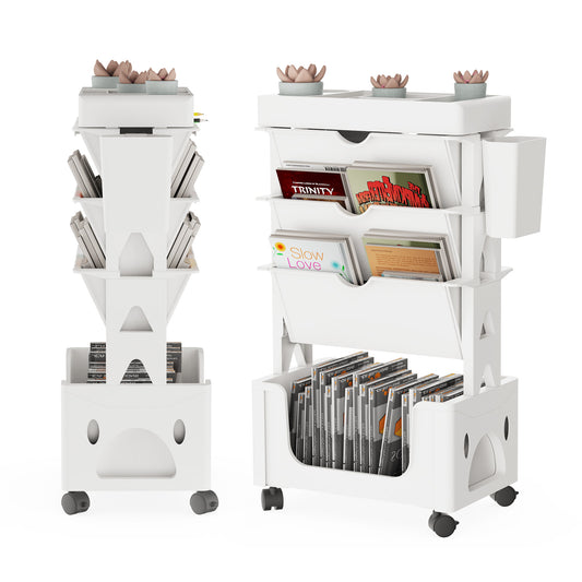 CATGOOD Movable Book Rack with Pen Holder, 5-Tier Storage Bookcase Organizer Mobile Bookshelf Cart with Wheels, Mobile Utility Cart Storage, for Living Room Classroom Office, White