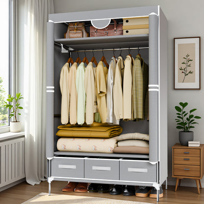 Portable Closet Organizer with 3 Storage Drawers, Non-Woven Fabric Wardrobe Closet Organizers and Storage, Hanging Clothing Rack for Rentals, Dorms, Bedrooms, Light Gray