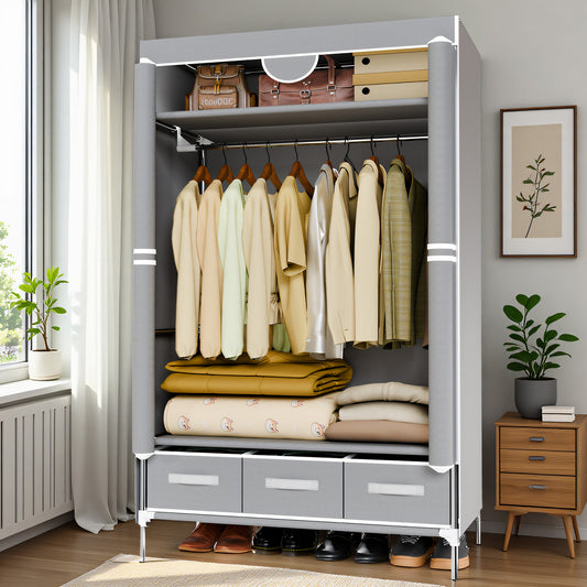 Portable Closet Organizer with 3 Storage Drawers, Non-Woven Fabric Wardrobe Closet Organizers and Storage, Hanging Clothing Rack for Rentals, Dorms, Bedrooms, Light Gray