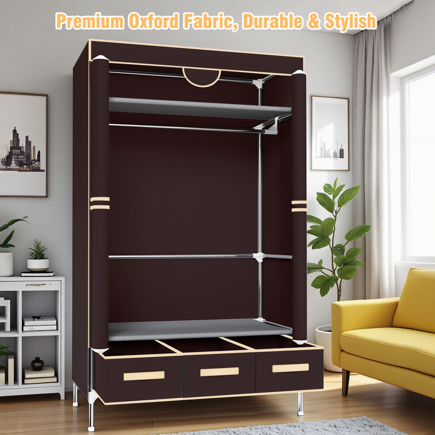 Wardrobe Closet with 3 Storage Drawers for Rentals, Dorms, Bedrooms, 67 Inches Tall hanging Closet Organizers and Storage with Hanging Space for Coats and Bags, Dark Coffee