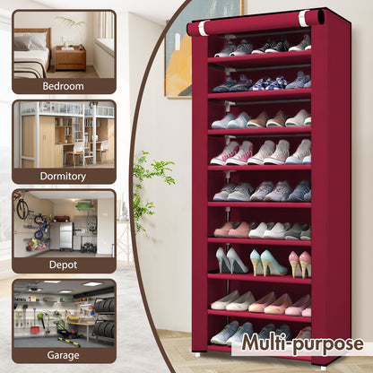 BAOKALER 10-Tier Closet Shoe Storage Shelf with Cover, Non-Woven Fabric Shoe Rack Organizer for 27 Pairs, Wine Red