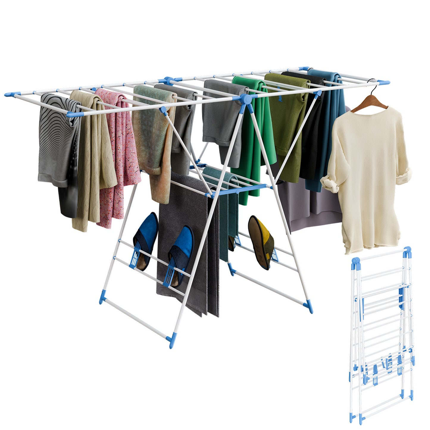 Clothes Drying Rack, 2 Level Foldable Laundry Rack, Rustproof Laundry Clothing Drying Hanger with Height-Adjustable Wings, Space Saving Clothes Garment Dryer, Blue