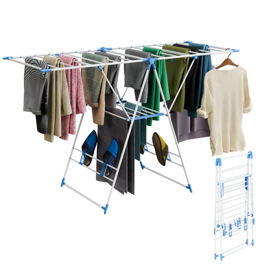 Clothes Drying Rack, 2 Level Foldable Laundry Rack, Rustproof Laundry Clothing Drying Hanger with Height-Adjustable Wings, Space Saving Clothes Garment Dryer, Blue