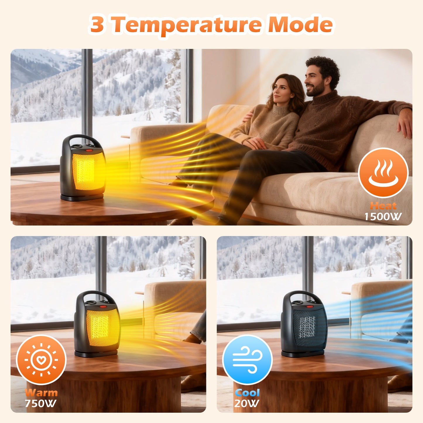 Overheat Safety Design, 1500W Electric Fireplace Heater with 3D Realistic Flame Effect, Adjustable Heating Modes